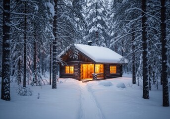 Cozy wooden cabin in a snowy forest at dusk, with warm light emanating from the windows and a path leading to the entrance