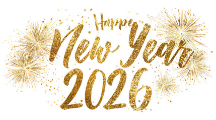 Luxury gold foil Happy New Year 2026 calligraphy with sparkling elements on transparent background