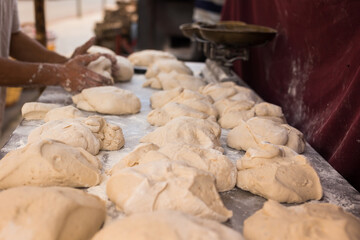 yeast dough on baking table. cooking process