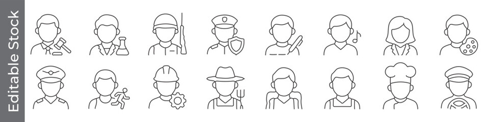 Professional avatar, army, agent, criminal, military and job role line icon set – editable outline symbols of business, science, artist, law, music, chef and agriculture