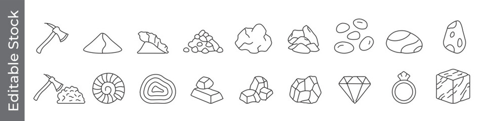 Mining, geology and gemstone line icon set &ndash; editable outline symbols of pickaxe, gold, ore, crystal, diamond and ring