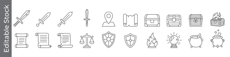 Fantasy, treasure and adventure line icon set &ndash; editable outline symbols of sword, scroll, map, chest, shield, fire and cauldron