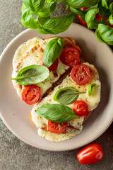 Hot open sandwiches with mozzarella, tomatoes and basil.