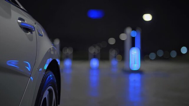 Electric vehicle charging at a futuristic station with multiple charging points under a dark sky, highlighting sustainable energy and green transportation technology