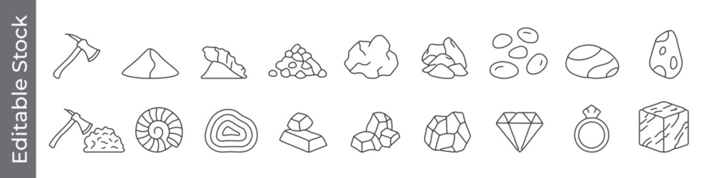 Mining, geology and gemstone line icon set &ndash; editable outline symbols of pickaxe, gold, ore, crystal, diamond and ring