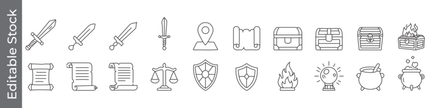 Fantasy, treasure and adventure line icon set &ndash; editable outline symbols of sword, scroll, map, chest, shield, fire and cauldron