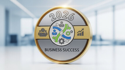 Circular emblem with 2026 BUSINESS SUCCESS text featuring icons for teamwork and growth symbolizing future corporate achievement on a blurred office background