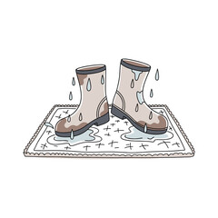Wet rubber boots leaving puddles on a patterned welcome mat  