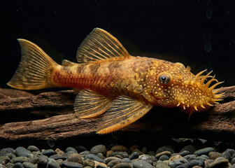 Orange bristlenose pleco on driftwood displaying detailed bristles and fins in a natural aquarium setting