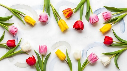 Artistic arrangement of colorful tulips on textured backdrop provides spring vibes