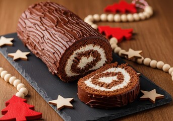 Chocolate yule log cake with a slice cut on a dark slate