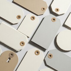 Assorted pastel painted wooden tags flat lay, minimalistic design concept