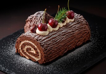 Chocolate yule log cake with cherries and rosemary on a dark slate