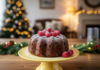 Christmas fruitcake topped with raspberries on a yellow cake stand
