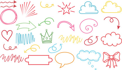 Doodle banner featuring colorful arrows speech bubbles, hearts, stars, clouds, and playful sketch details