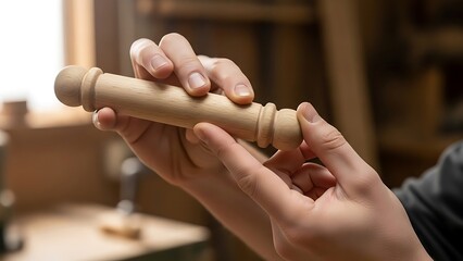 Craftsman shaping wood dowel with intricate design, furniture making
