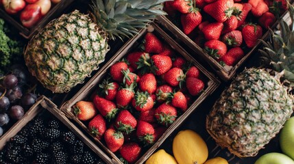 Crates filled with strawberries and pineapples on display at fresh organic fruit market stand