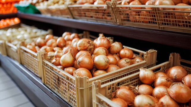 Wooden crates full of yellow onions in supermarket aisle fresh organic produce and healthy groceries display - Powered by Adobe