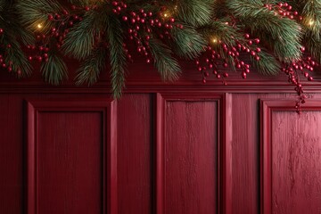 Festive holiday decoration featuring lush evergreen branches and bright red berries draped over a rich burgundy wooden panel, creating a warm and inviting seasonal atmosphere