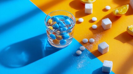 Glass of water with sugar cubes on yellow and blue background for health beverage and energy theme