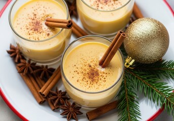 Eggnog in glasses with cinnamon sticks and christmas ornament