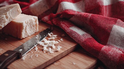 Sliced cheese on cutting board with red plaid fabric for rustic culinary or traditional food branding concept