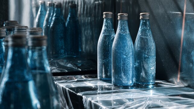 Glass blue bottles with condensation for beverage branding cold drink packaging or water refreshment product advertisement