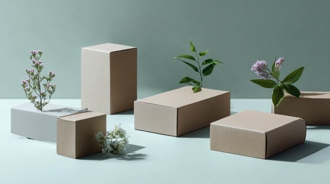Cardboard boxes and plants arranged geometrically for eco packaging branding or natural sustainable product design concept