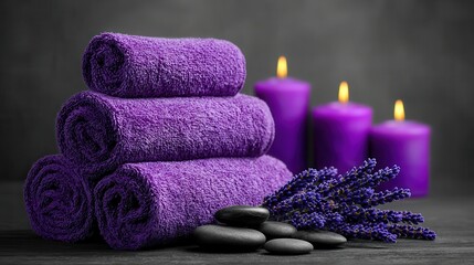 Purple towels candles spa setting