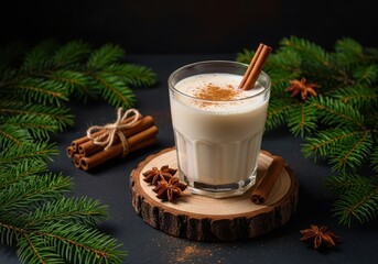 Festive eggnog with cinnamon and star anise on a dark background