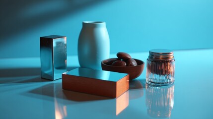Minimalist product display with skincare containers on blue background for clean branding or health product visuals