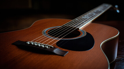 Fototapeta premium Captivating close-up showcases a beautiful acoustic guitar with warm wood tones and a sleek black pickguard, promising melodies and musical inspiration today.