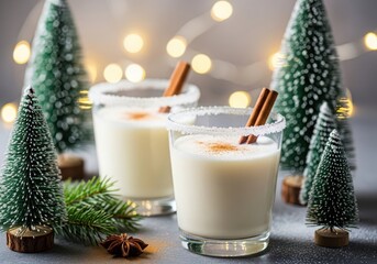 Two glasses of eggnog with miniature christmas trees and bokeh lights