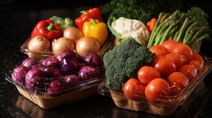 Colorful vegetables in grocery basket including broccoli, onions and tomatoes for healthy lifestyle or organic market branding