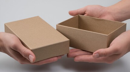 Hands holding and opening kraft cardboard box for shipping ecommerce packaging or product branding unboxing scene visual