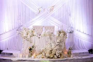 Elegant wedding reception setup with floral decor and soft lighting in a beautiful venue