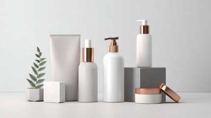 White cosmetic skincare bottles with modern minimal style on table for clean beauty branding or wellness product packaging visuals