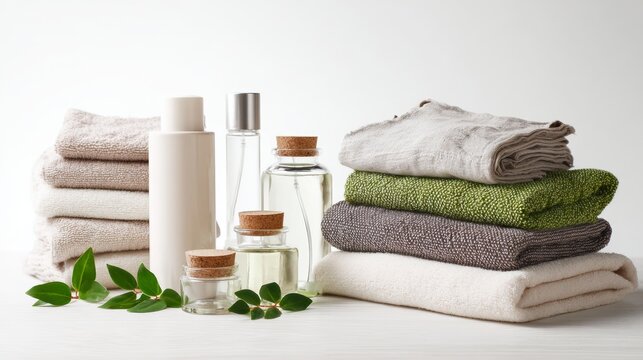 Spa essentials with white bottles, towels and green plants for beauty wellness branding or luxury bath product advertisement visuals