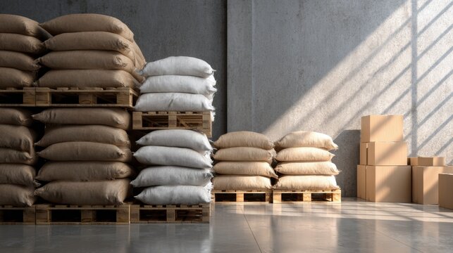 Industrial storage warehouse with stacked sacks and cardboard boxes for food bulk product logistics or factory distribution visuals