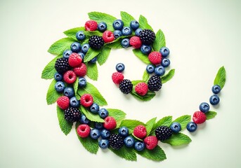 Vibrant assortment of berries and mint arranged in a playful spiral form