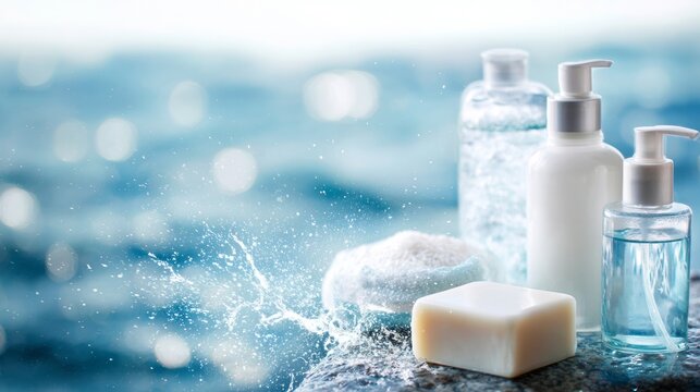 White soap and clear bottles with water splash on blue background for hygiene skincare branding and refreshing product visuals advertisement
