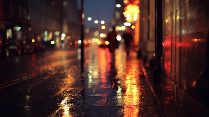 Rainy night street with reflective lights. AI image