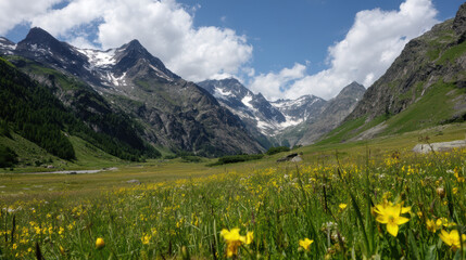 A serene alpine meadow filled with wildflowers leads towards majestic snow capped mountain peaks under a vibrant blue sky with scattered clouds in the distance.