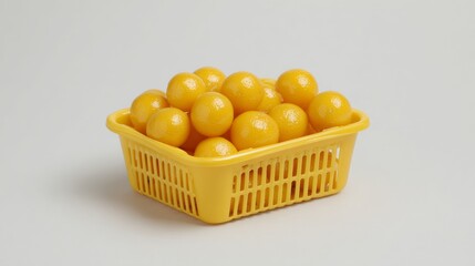 Yellow plastic basket full of citrus fruits for organic produce branding or food product display advertisement visuals packaging presentation healthy design