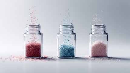 Colorful sugar sprinkles in clear jars on soft pastel background for baking product advertisement or creative presentation packaging branding visuals concept