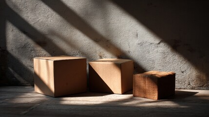 Cardboard boxes in strong directional light casting shadows for minimalist logistics branding or product display packaging advertisement presentation visuals
