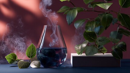 Scientific glassware with herbal tea infusion for natural wellness or botanical branding packaging product display advertisement visuals presentation concept design