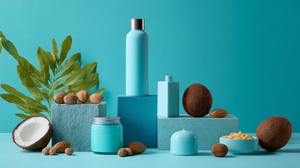 Blue cosmetic bottles and coconut skincare display for tropical wellness branding product advertisement packaging presentation visuals beach concept background design