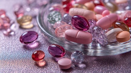Colorful medicine pills and capsules in glass dish for pharmaceutical branding supplement advertisement presentation product packaging concept health design visuals