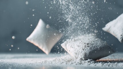 Exploding pillow feathers in mid-air for sleep product branding advertisement packaging presentation visuals photography display concept bedding comfort design